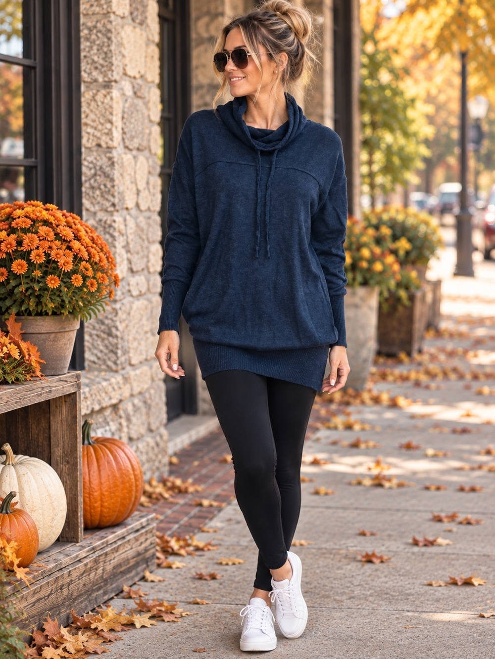 Athleta Blue Cowl Neck Tunic Sweater Pullover Longline Cozy Casual Size S